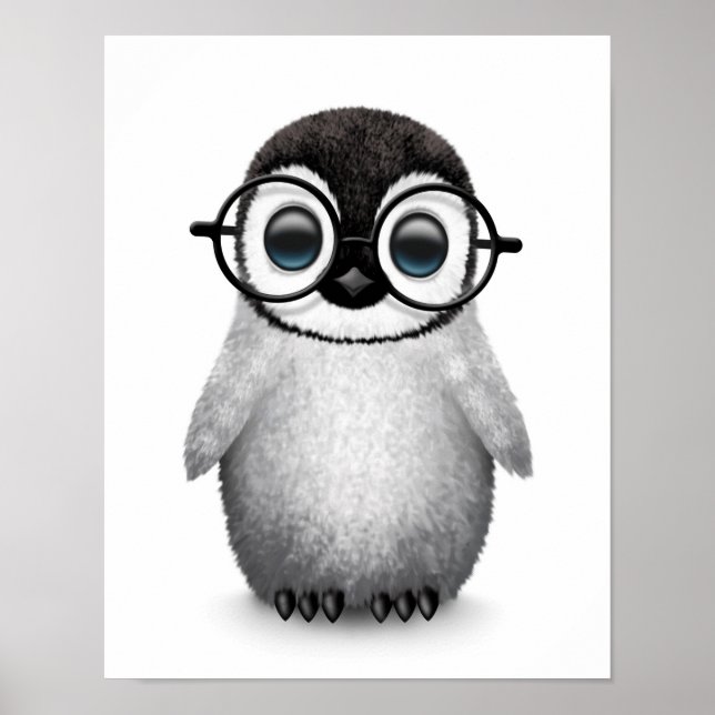 Poster Pingouin mignon portant des lunettes d'oeil sur bl (Devant)
