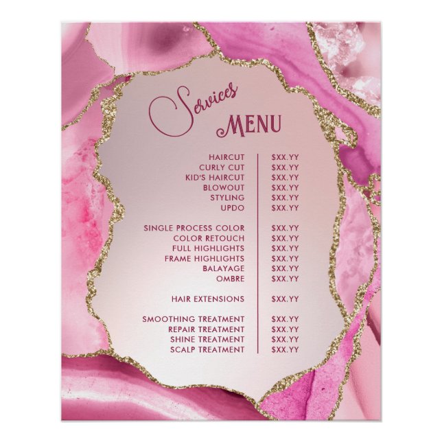 Poster Pink Agate Faux Foil Services Menu (Devant)