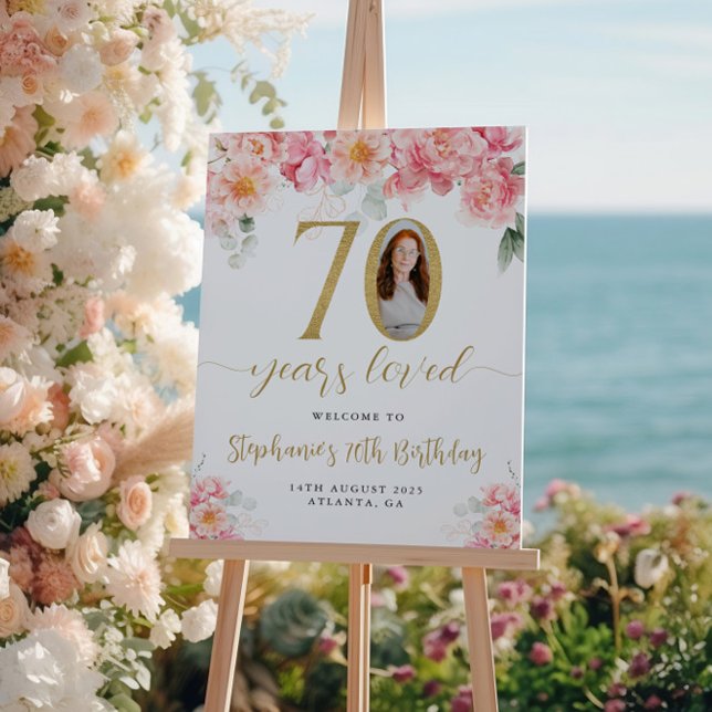Poster Pink and Gold Floral Photo 70e anniversaire Bienve (Créateur téléchargé)