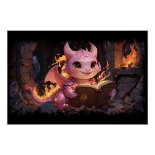 Poster Pink Baby Dragon lit un livre