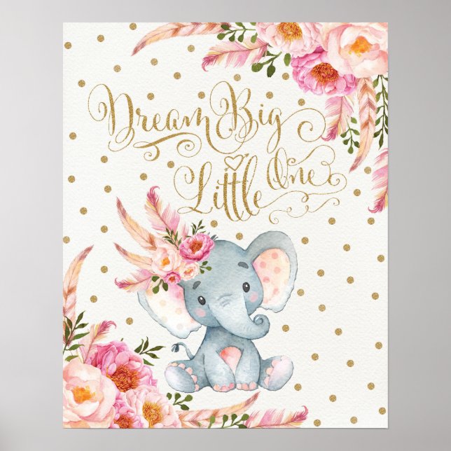 Poster Pink Gold Boho Elephant Nursery Wall Art Imprimer (Devant)