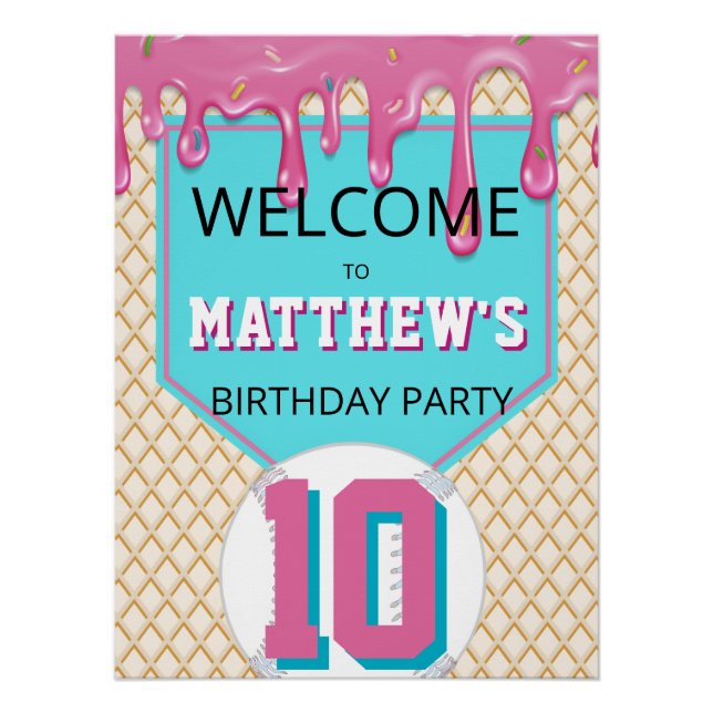 Poster Pink Turquoise Baseball Drip Birthday Welcome Sign (Devant)