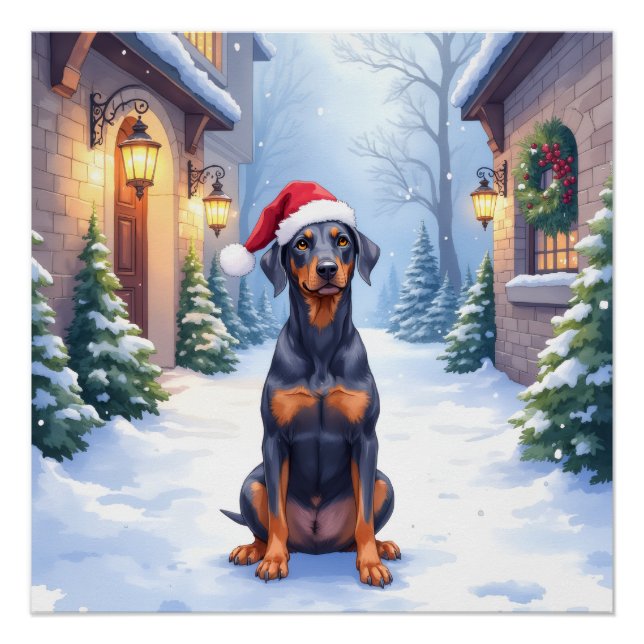 Poster Pinscher allemand Courtyard enneigé Chapeau de Pèr (Devant)