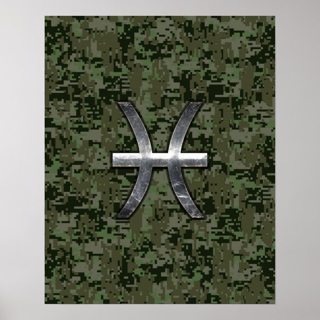Poster Pisces Zodiac Sign on Woodland Camouflage numériqu (Devant)