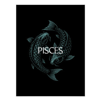 Poster Pisces Zodiac – Vintage Fish in Teal on Black