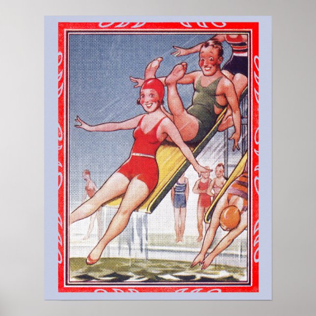 Poster Piscine Fête Nage Vintage Été (Devant)