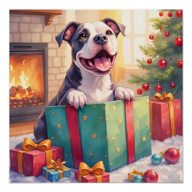 Poster Pitbull joueur ouvrant des cadeaux de Noël pour le (Devant)