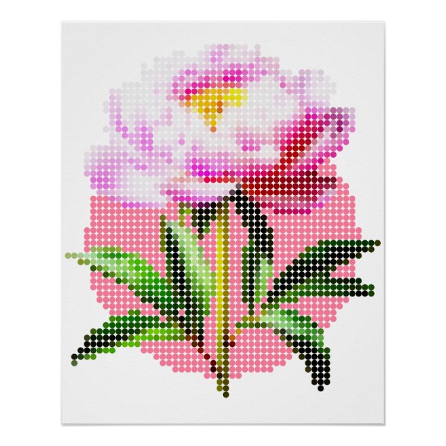 Poster Pivoine rose point mosaïque fleur (Devant)