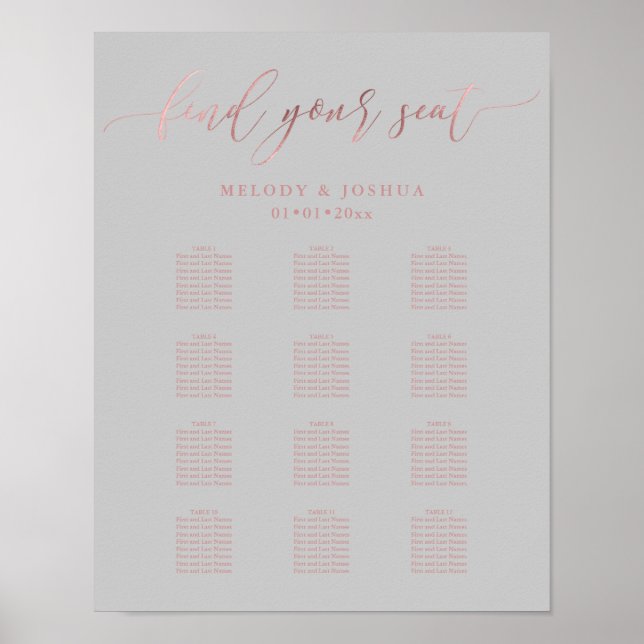 Poster PixDezines Rose Gold Script, Seating Chart (Devant)
