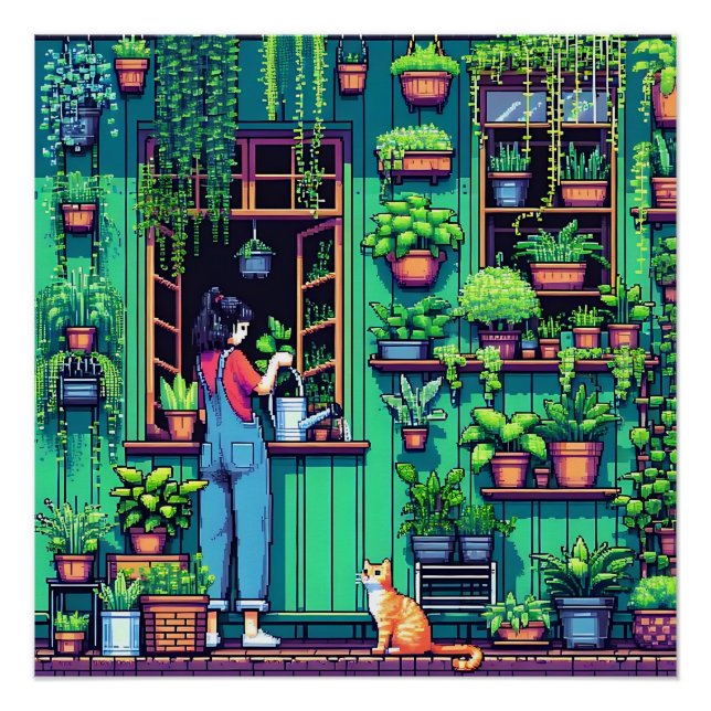 Poster Pixel Art Plantes et chats personnalisés (Devant)