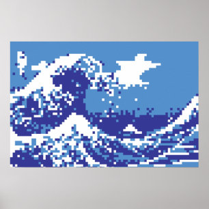 Poster Pixel Tsunami Bleu 8 Bit Pixel Art