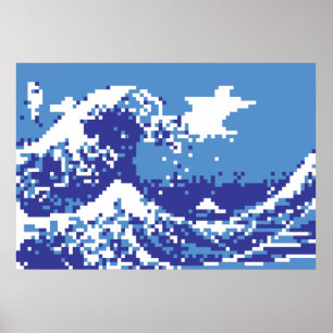 Poster Pixel Tsunami bleu 8 bits Pixel Art
