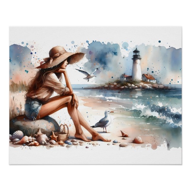 Poster Plage côtière fille et phare (Devant)
