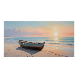 Poster Plage côtière tranquille de l'heure dorée avec bat