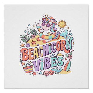 Poster Plage de Licorne Vibes Fantaisiste Fond Blanc