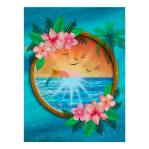 Poster Plage d'été Océan oiseaux volent dans le ciel et v