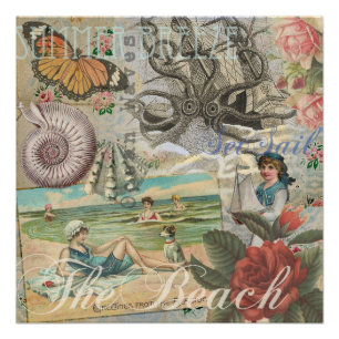 Poster plage d'été poulpe vintage antique voile