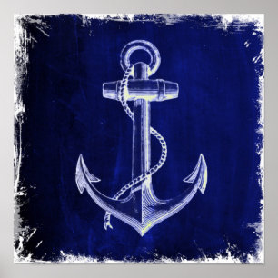 Poster plage marine bleu côtier chic ancre nautique