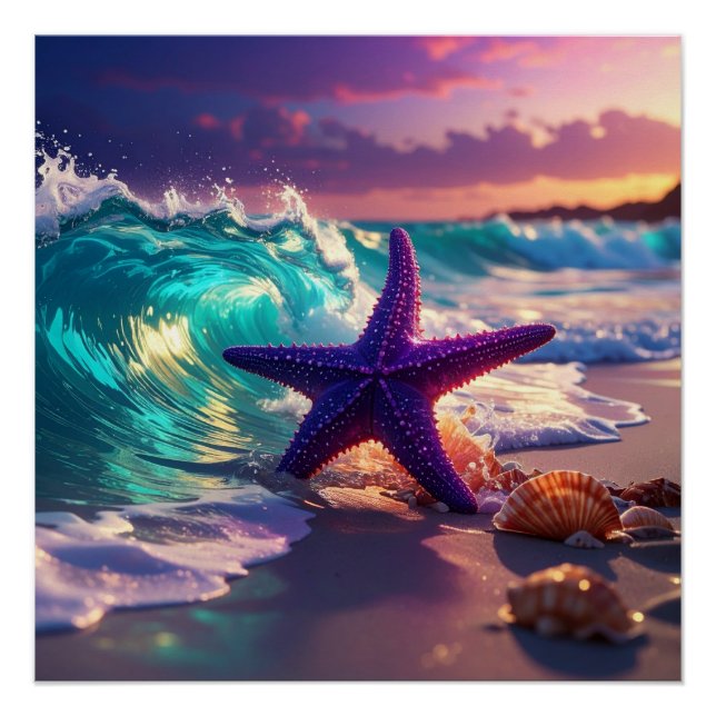 Poster Plage océanique avec étoile de mer violette (Devant)