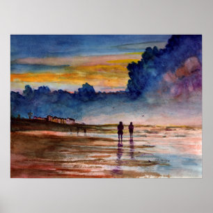 Poster Plage orageuse de coucher du soleil peignant le