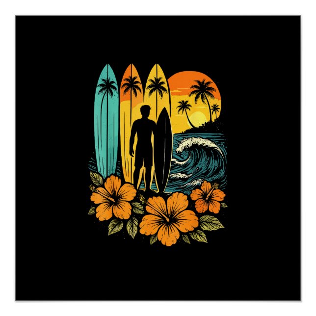 Poster Plage Rétro Surf Coucher de Soleil Tropical (Devant)