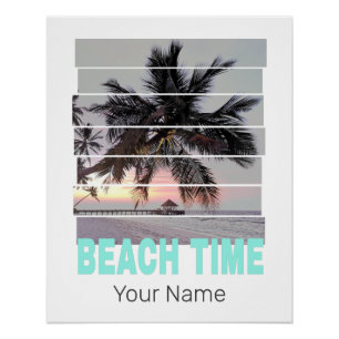 Poster Plage Temps Vintage Jetée Palmier Coucher de solei