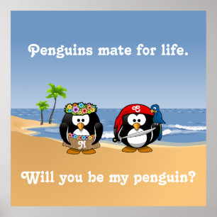 Poster Plage Tropical Penguins Couple Hula Pirate Island