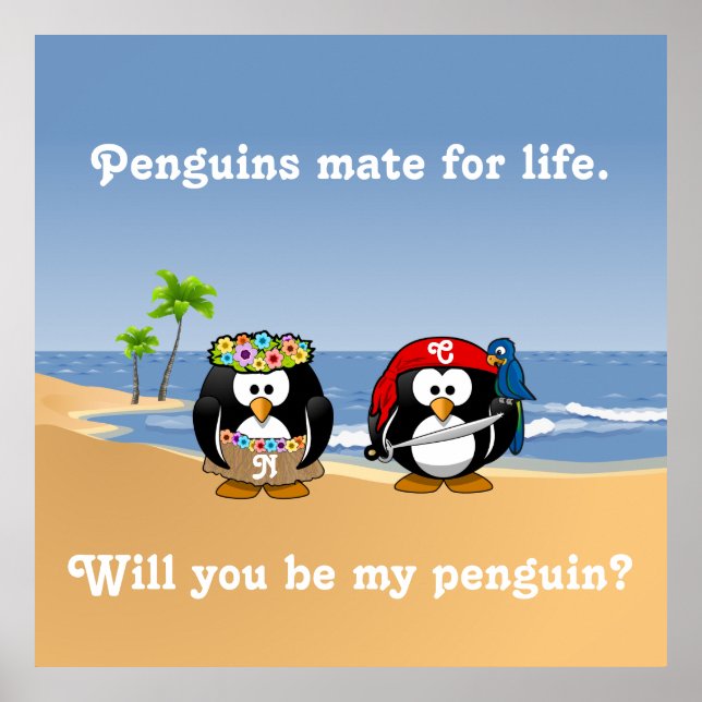 Poster Plage Tropical Penguins Couple Hula Pirate Island (Devant)