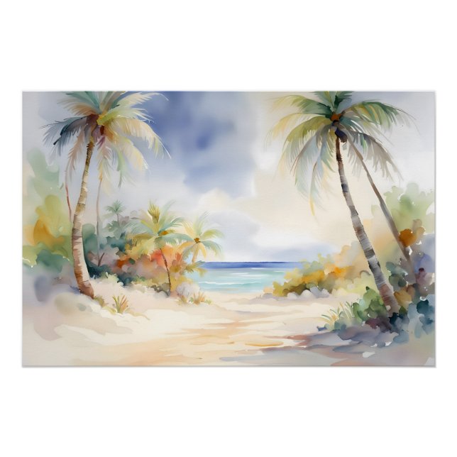 Poster Plage tropicale Sable blanc, Palmiers, Joie Serein (Devant)