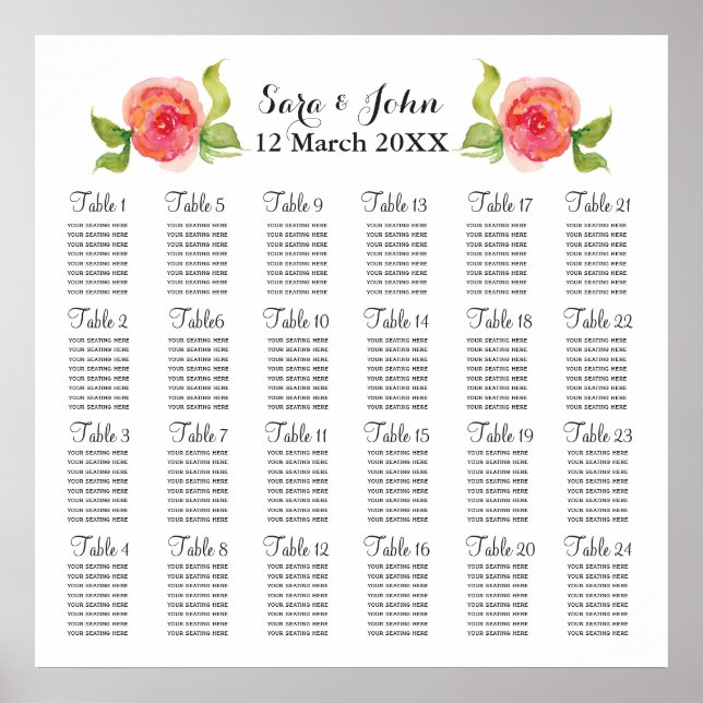 Poster plan d'assise mariage à l'aquarelle rose corail (Devant)