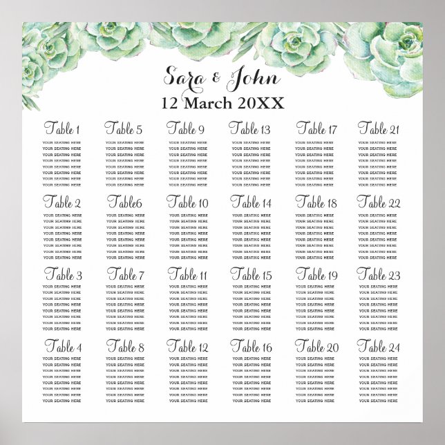 Poster plan de sièges mariage succulent aquarelle (Devant)