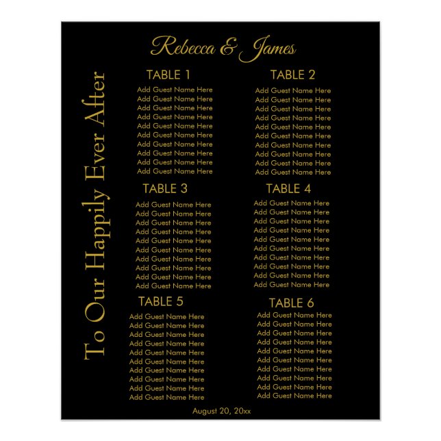 Poster Plan de table Black & Gold Happily Ever After  (Devant)