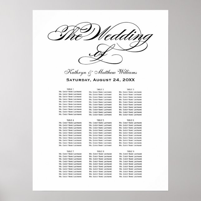 Poster Plan de table de mariage à calligraphie noire élég (Devant)