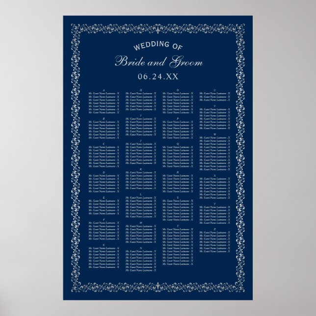 Poster Plan de table de mariage alphabetique élégant en b (Devant)
