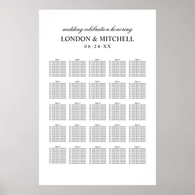 Poster Plan de table de mariage classique blanc monogramm (Devant)