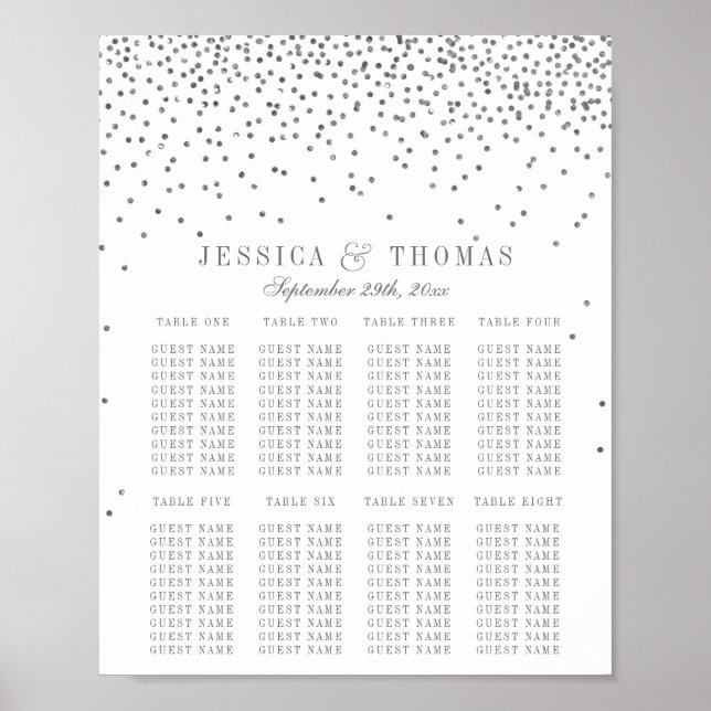 Poster Plan de table de mariage confetti argenté glamour  (Devant)