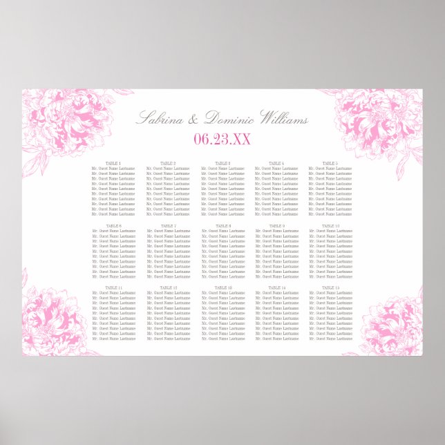 Poster Plan de table de mariage élégant aux fuchsias rose (Devant)