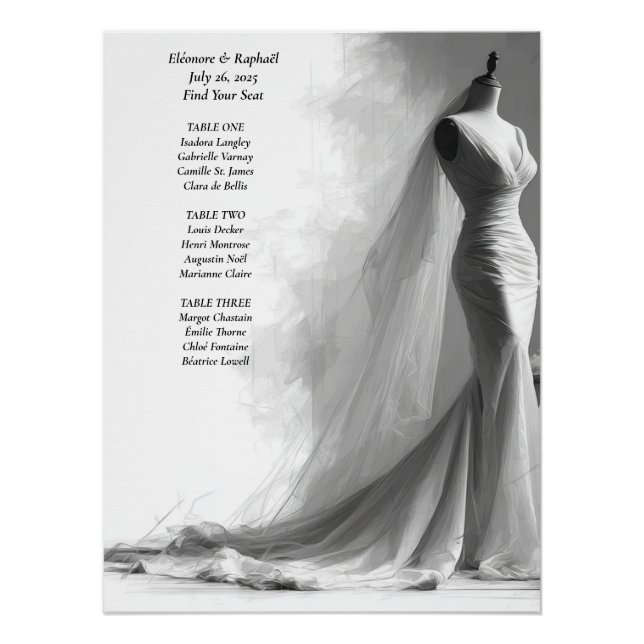 Poster Plan de table de mariage élégant noir et blanc (Devant)