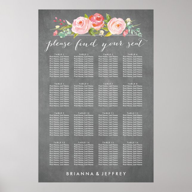 Poster Plan de table de mariage floral de jardin de roses (Devant)