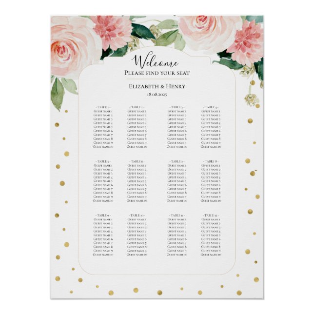 Poster Plan de table de mariage floral rose poudré or (Devant)