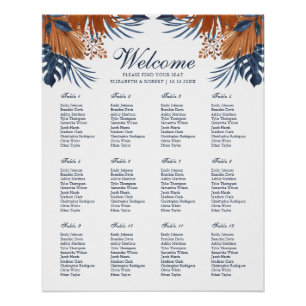 Poster Plan de table de mariage Monstera bleu minuit