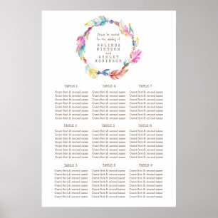 Poster Plan de table mariage couleur plume aquarelle