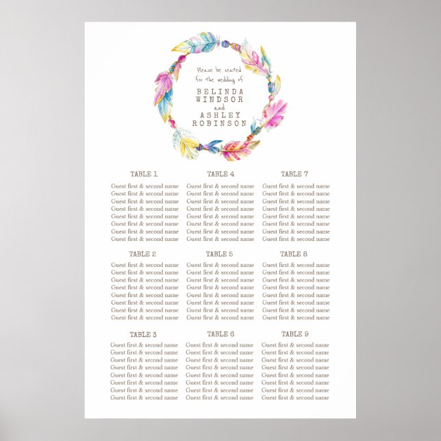 Poster Plan de table mariage couleur plume aquarelle (Devant)