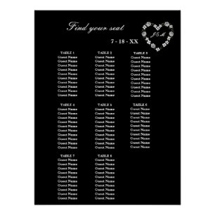 Poster Plan de table mariage noir et blanc 8 tables