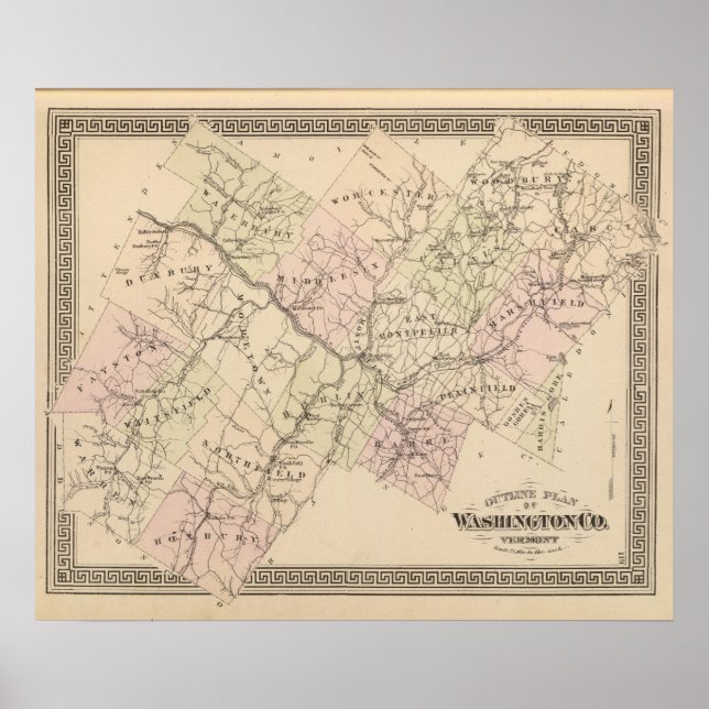 Poster Plan du comté de Washington dans le Vermont (Devant)