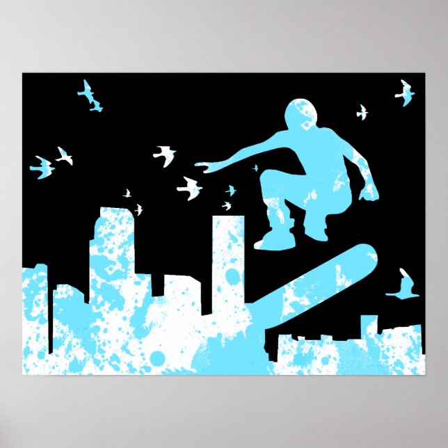 Poster planche à roulettes avec oiseaux (Devant)