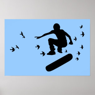 Poster planche à roulettes avec oiseaux