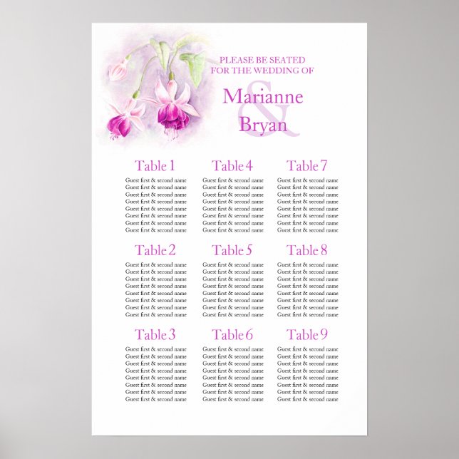Poster Planificateur de table de mariage fuchsia violet 1 (Devant)