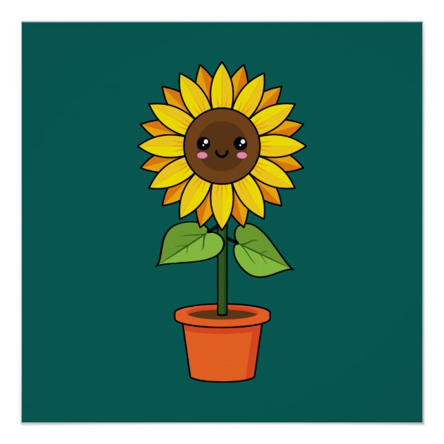 Poster Plante de tournesol Kawaii dans un pot (Devant)