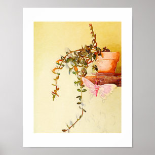 Poster Plante en pot à l'aquarelle et papillon